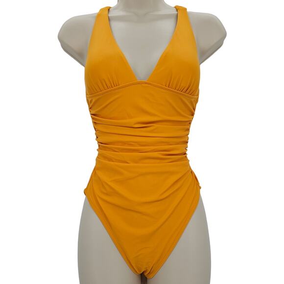 J. Crew Woman size 0 Scrunchie Strap Plunge One Piece Swimsuit Yellow Cheeky NEW - Picture 1 of 9